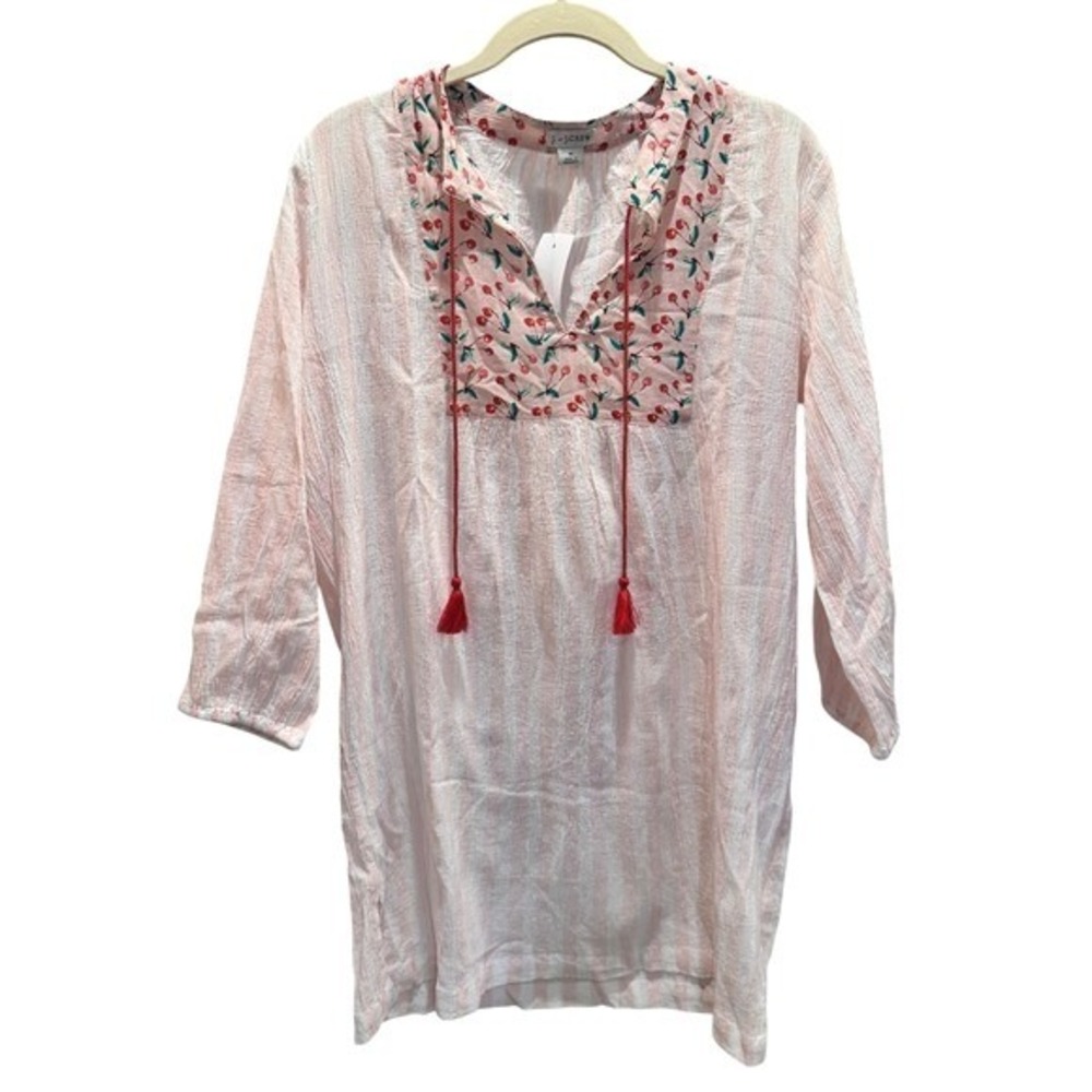 J. Crew Gauzy Striped Cherry Woven Tunic Cover Up Dress Pink/White M NWT